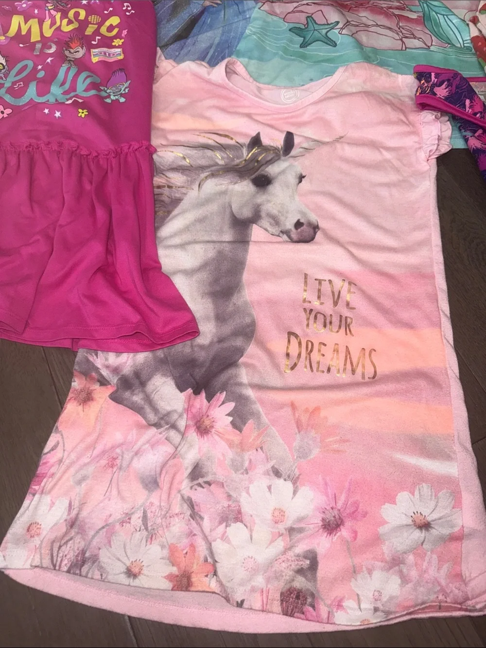 Bundle of girls Disney Princess, trolls pajama dresses and Carter’s pants, short